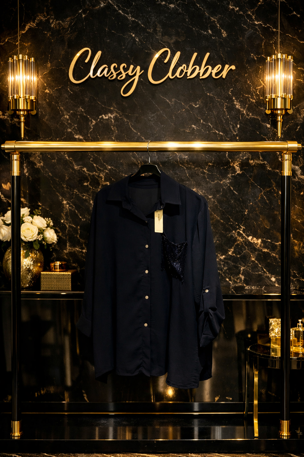 Navy Sequin Pocket Blouse